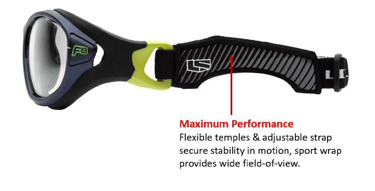 flexible temples & adjustable strap for stability in motion & sport wrap frame for wide field of view